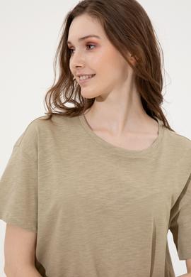 Kadın Haki Bisiklet Yaka Tişört - 50248059035
