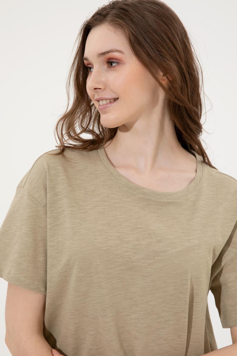 Kadın Haki Bisiklet Yaka Tişört - 50248059035