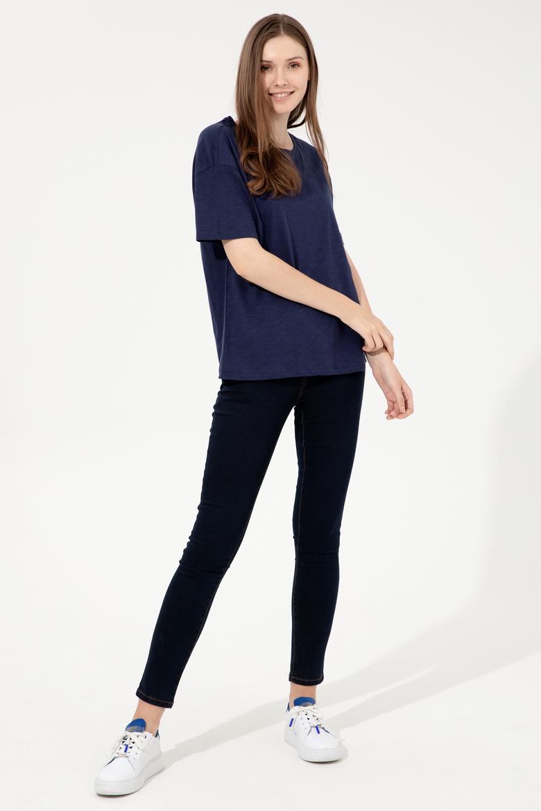 Kadın Lacivert Bisiklet Yaka Tişört - 50248059004