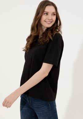 Kadın Siyah Bisiklet Yaka Tişört - 50248059061