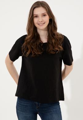 Kadın Siyah Bisiklet Yaka Tişört - 50248059061