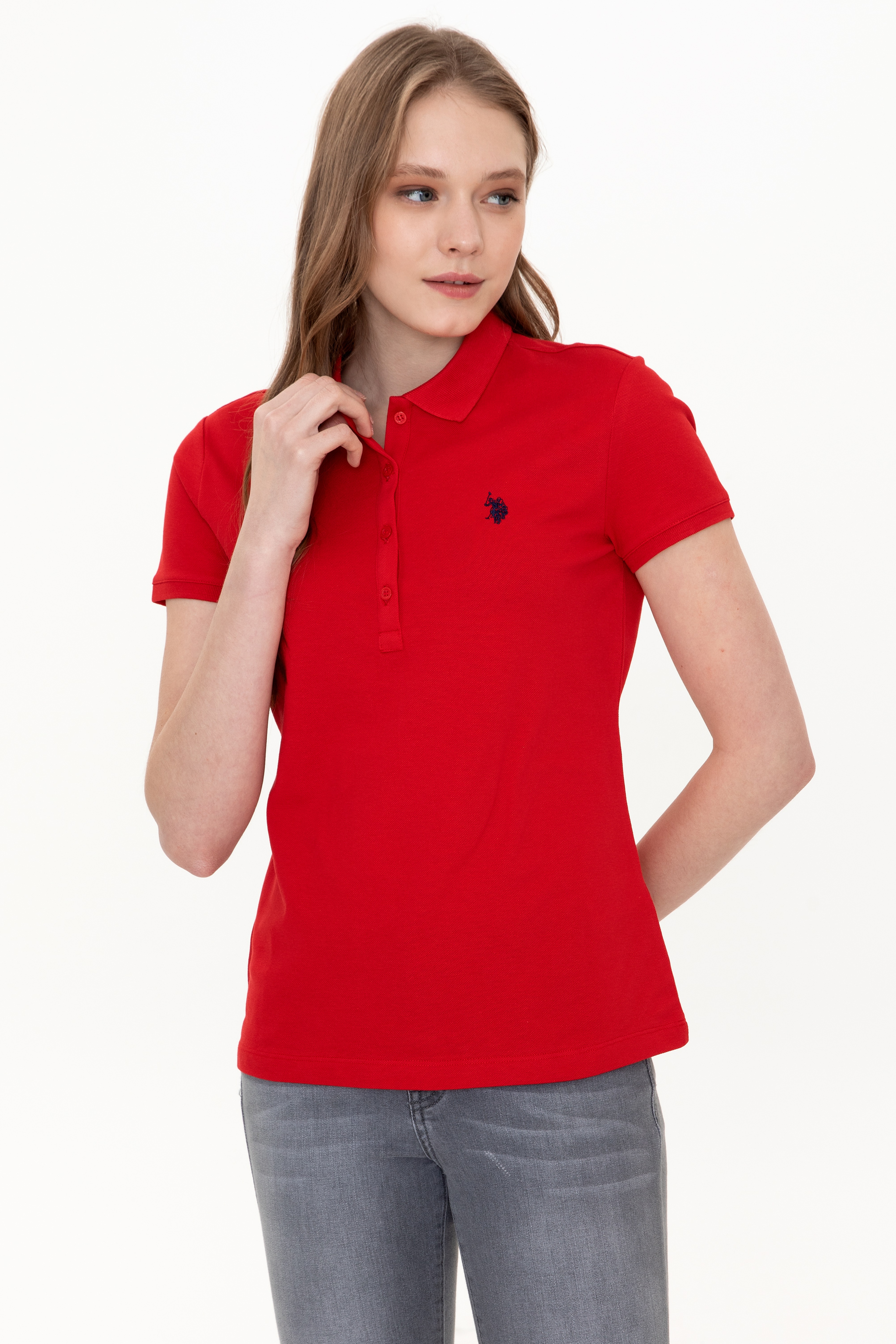 Kadın Kırmızı Basic Polo Yaka Tişört - Image 3