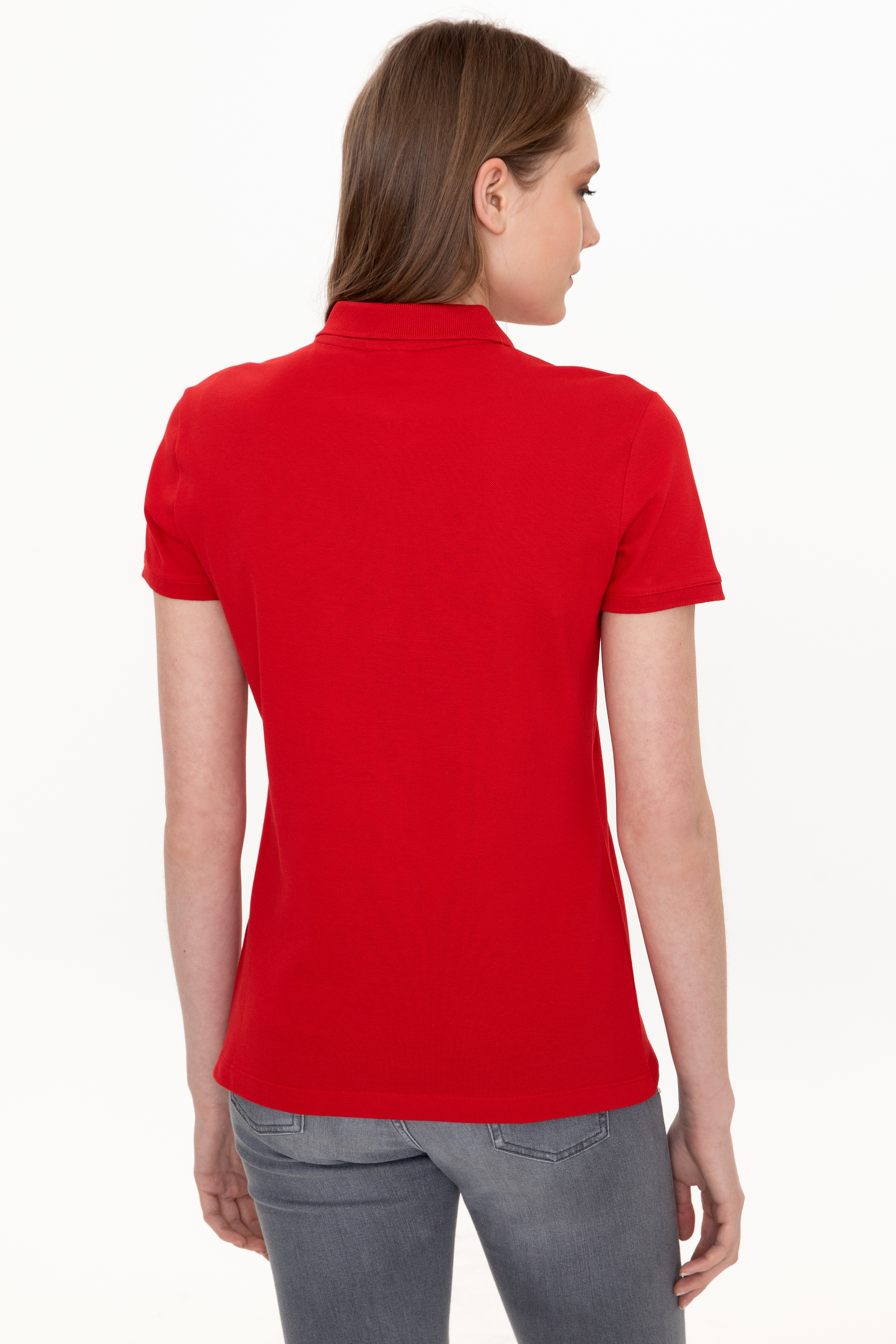 Kadın Kırmızı Basic Polo Yaka Tişört - Image 5