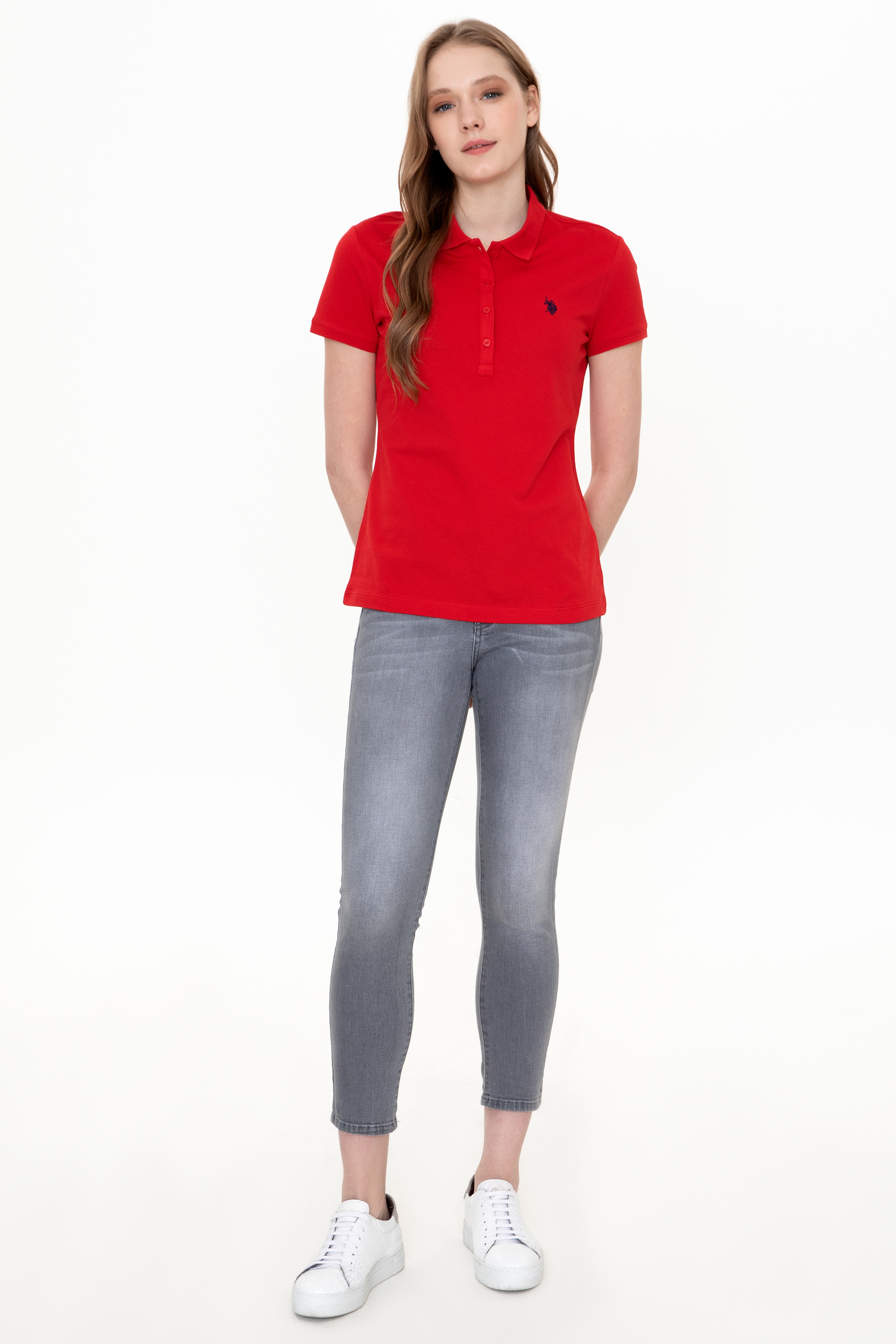 Kadın Kırmızı Basic Polo Yaka Tişört - Image 4