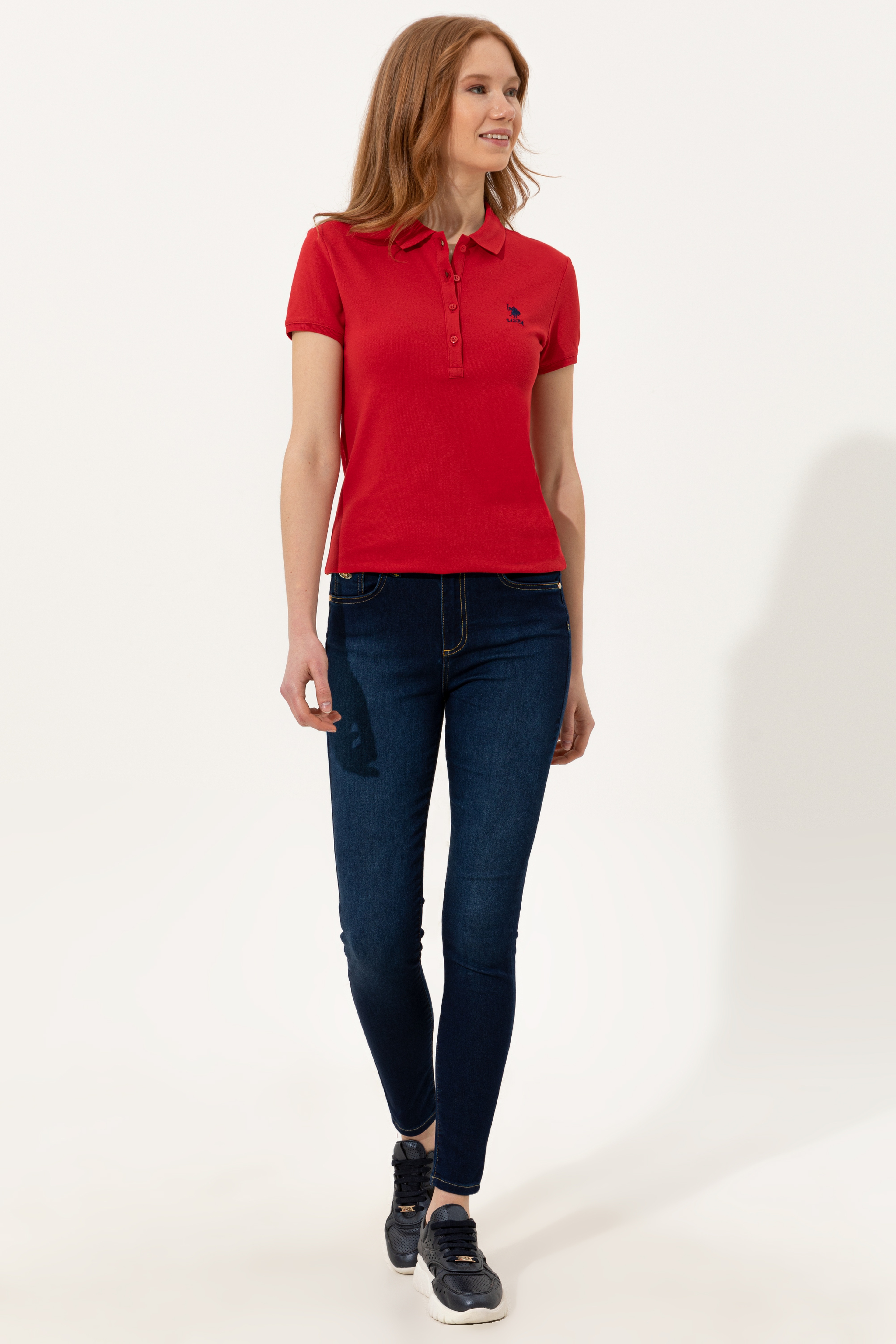 Kadın Kırmızı Basic Polo Yaka Tişört - Image 4