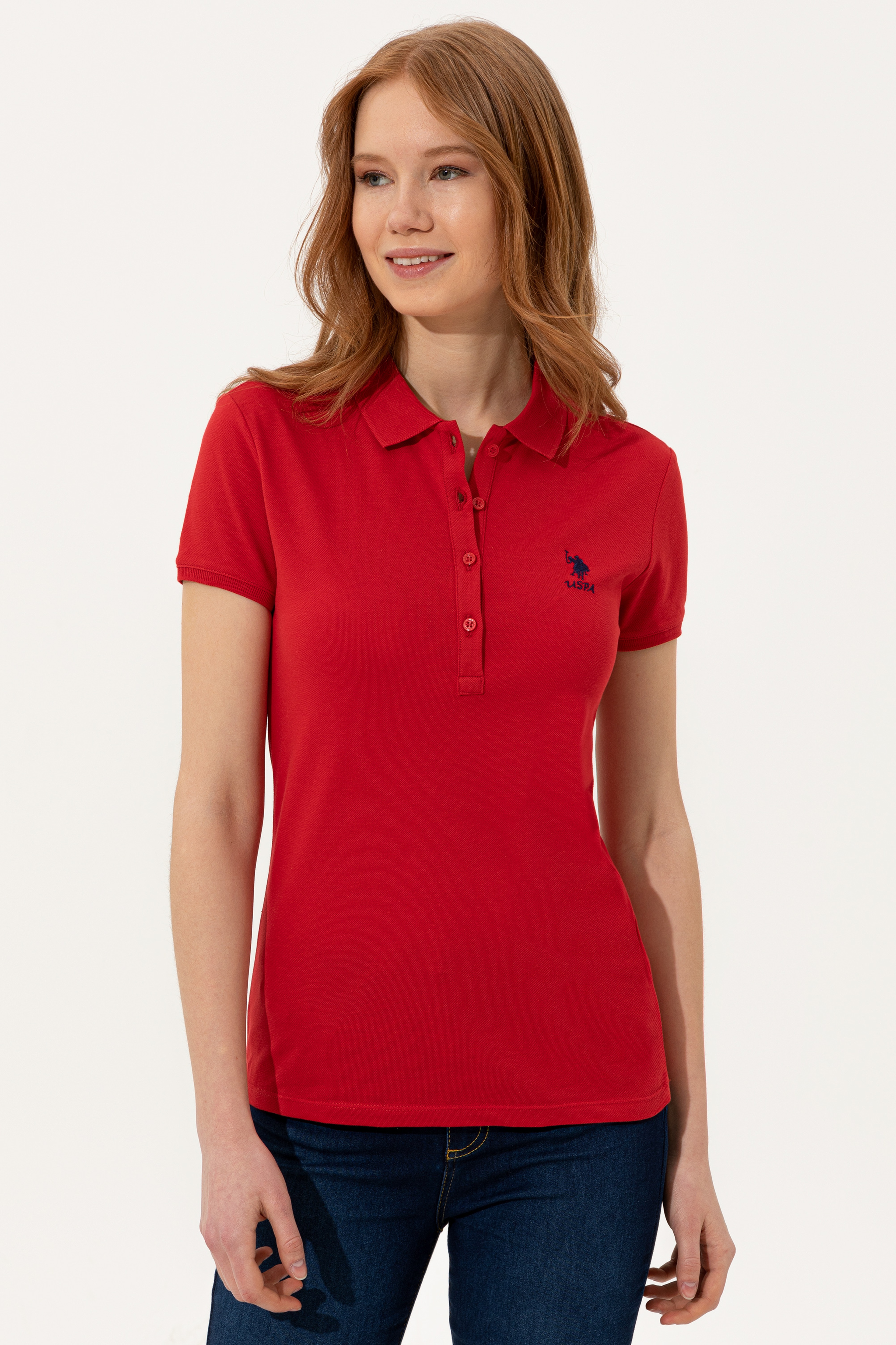 Kadın Kırmızı Basic Polo Yaka Tişört - Image 3