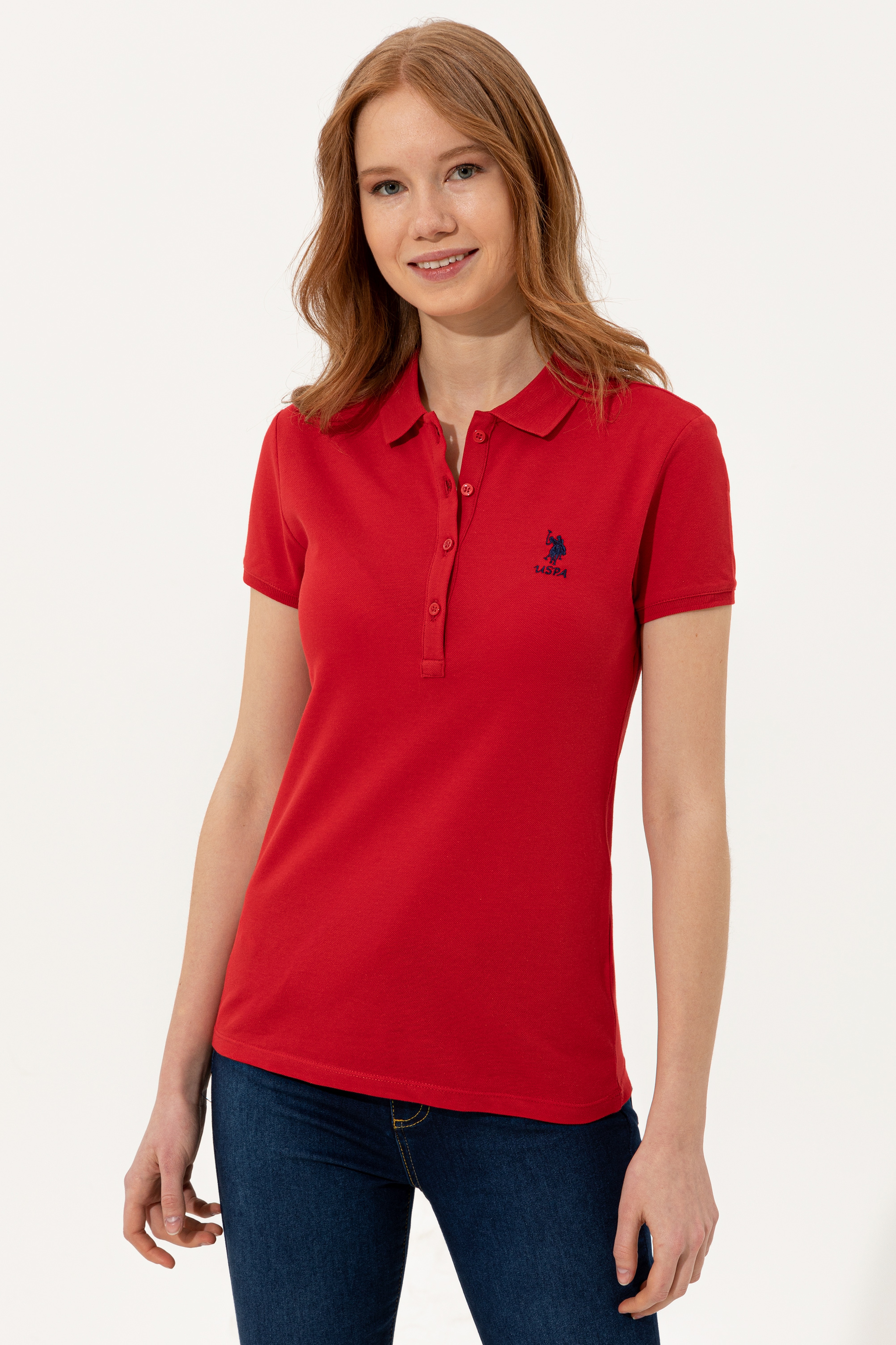 Kadın Kırmızı Basic Polo Yaka Tişört - Image 1
