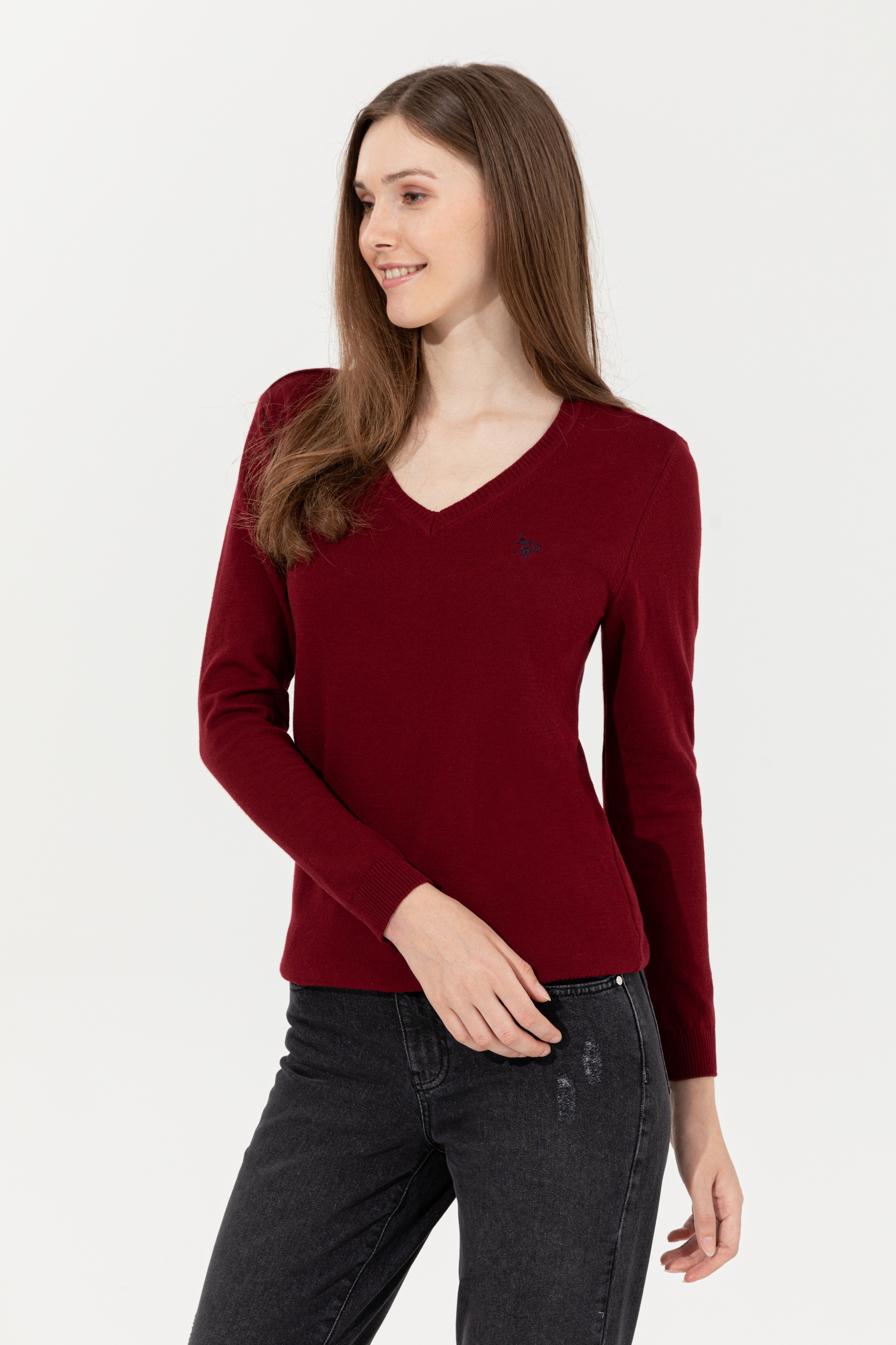 Kadın Bordo Basic  V - Yaka Kazak