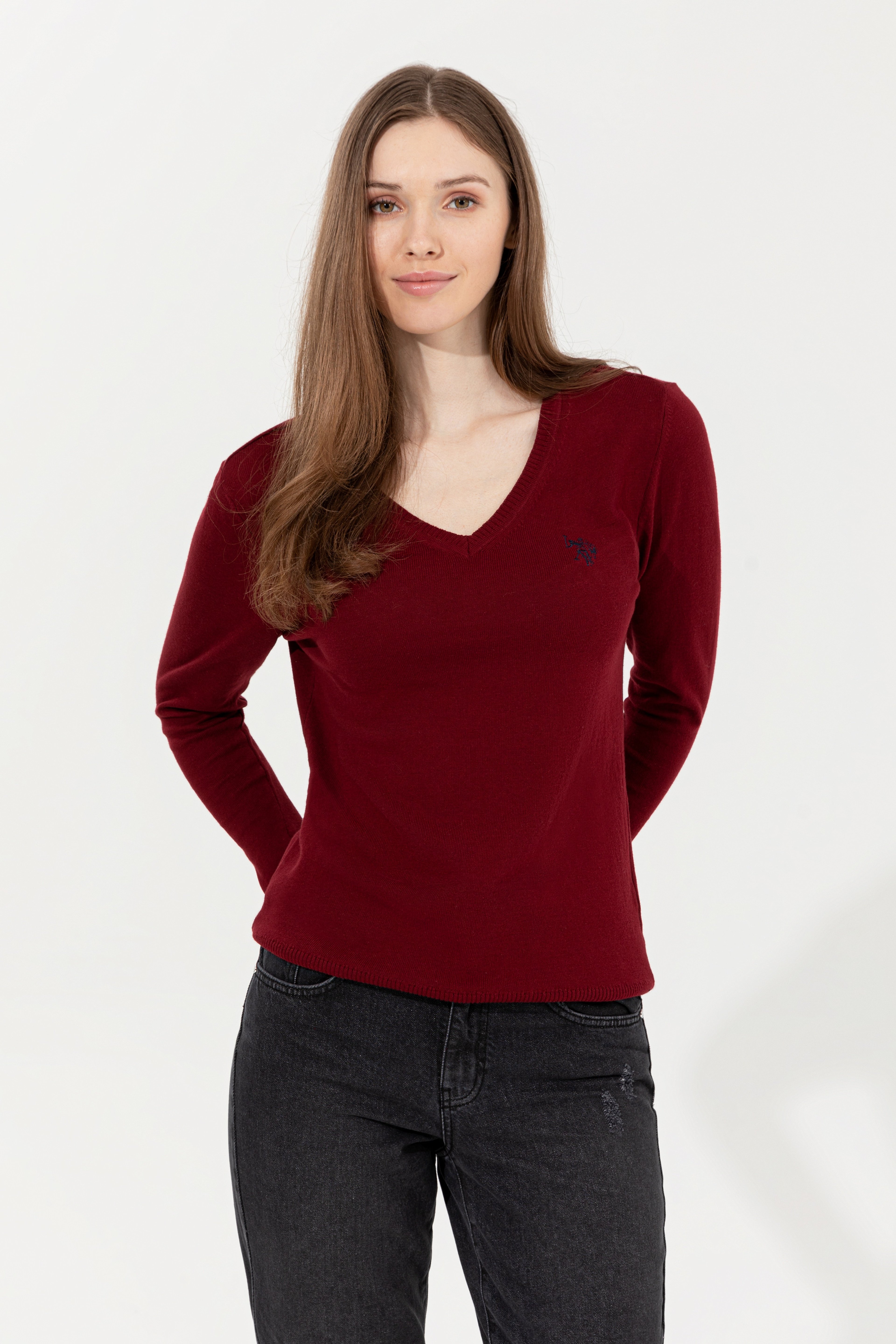 Kadın Bordo Basic V - Yaka Kazak - Image 2