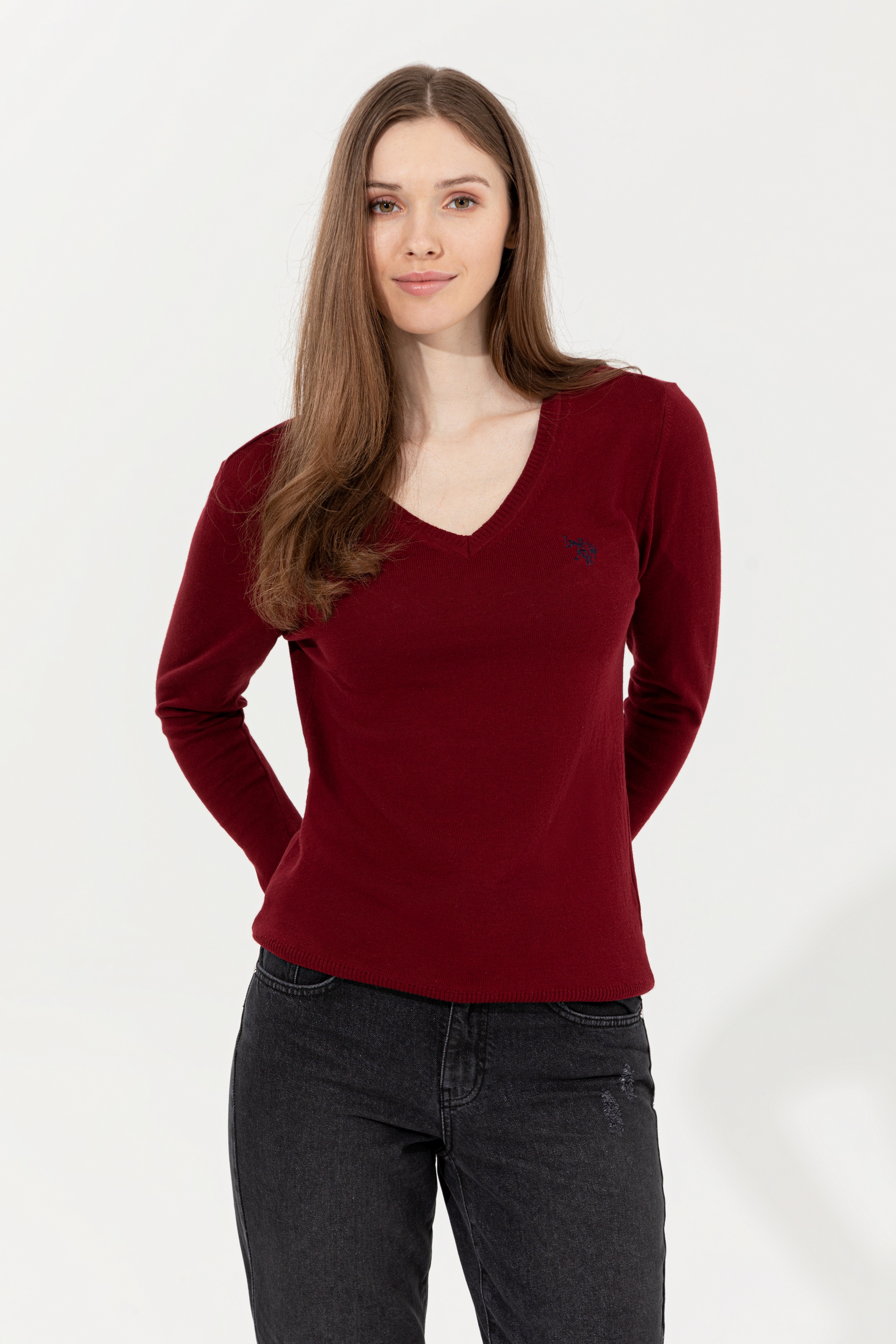 Kadın Bordo Basic  V - Yaka Kazak