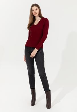 Kadın Bordo Basic  V - Yaka Kazak - 50251903079