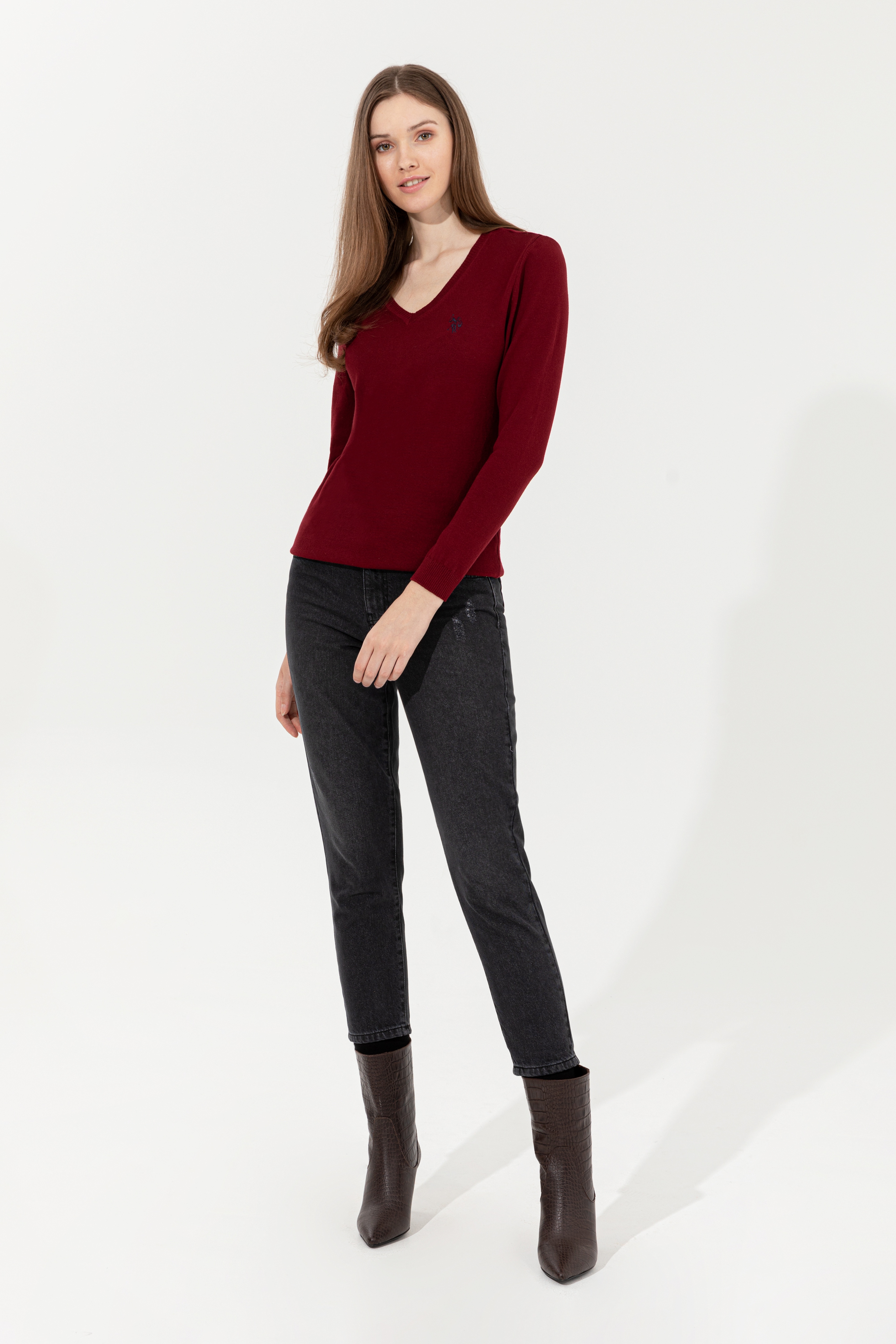 Kadın Bordo Basic V - Yaka Kazak - Image 4
