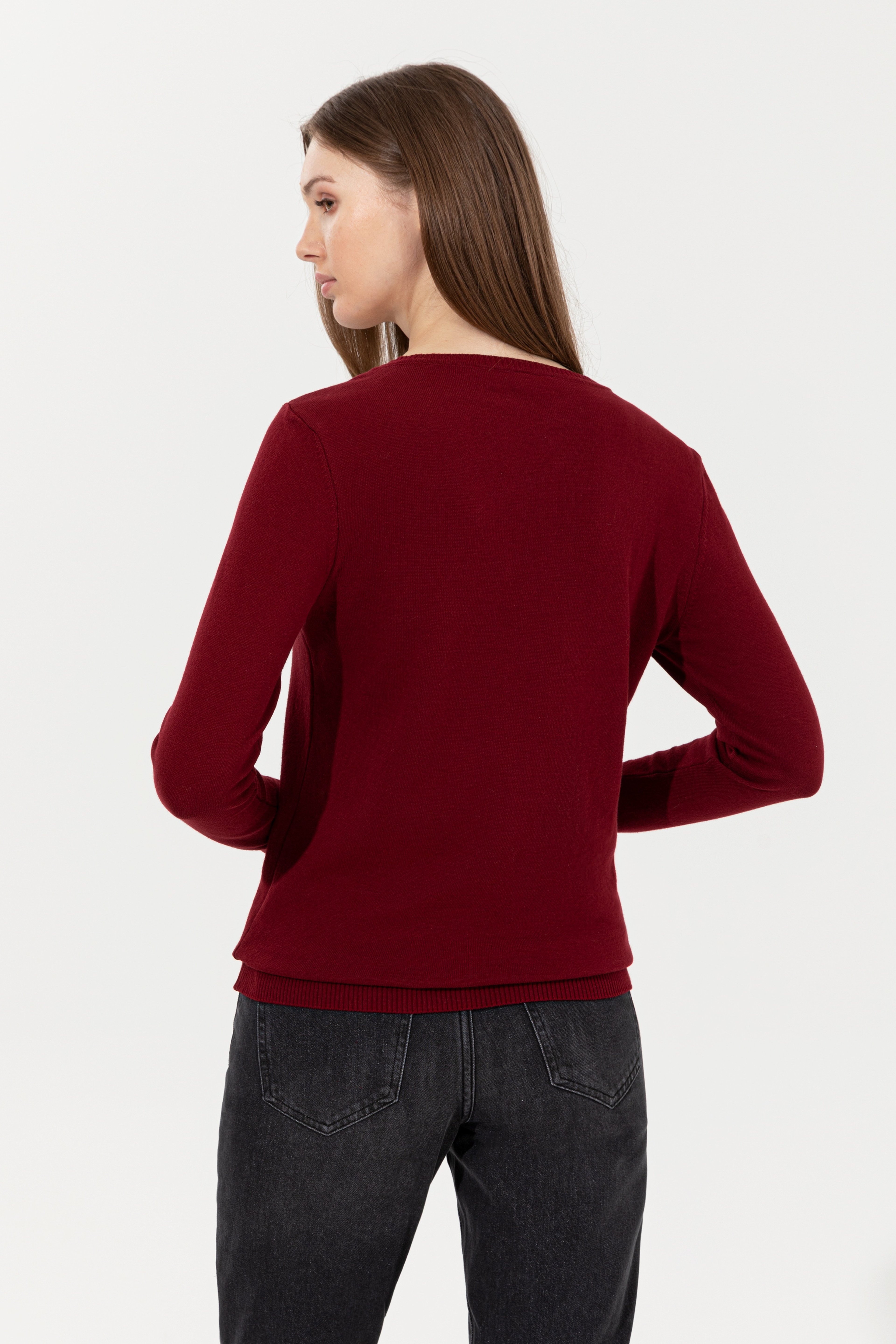Kadın Bordo Basic V - Yaka Kazak - Image 5