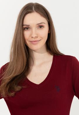 Kadın Bordo Basic  V - Yaka Kazak - 50251903079