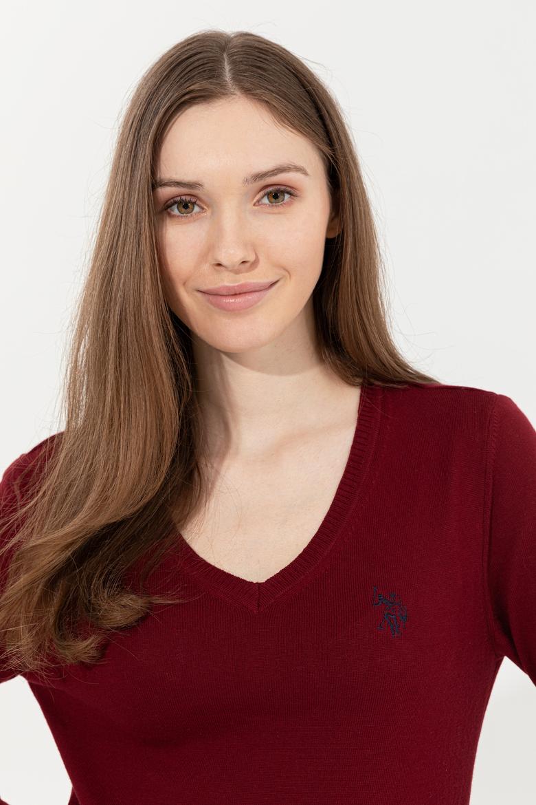 Kadın Bordo Basic  V - Yaka Kazak