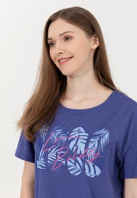 Kadın Mavi Bisiklet Yaka Crop Tişört - 50249011012