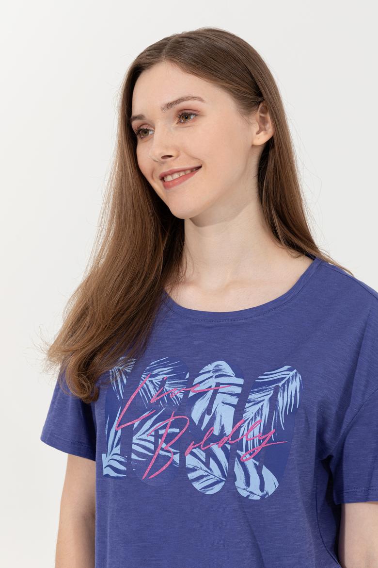 Kadın Mavi Bisiklet Yaka Crop Tişört - 50249011012