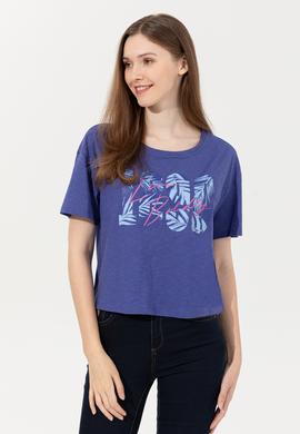 Kadın Mavi Bisiklet Yaka Crop Tişört - 50249011012