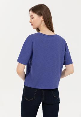 Kadın Mavi Bisiklet Yaka Crop Tişört - 50249011012