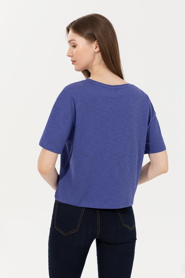 Kadın Mavi Bisiklet Yaka Crop Tişört - 50249011012