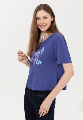 Kadın Mavi Bisiklet Yaka Crop Tişört - 50249011012