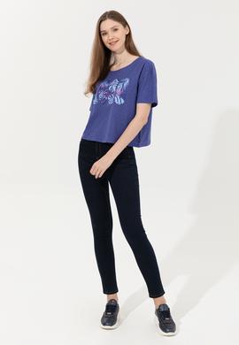 Kadın Mavi Bisiklet Yaka Crop Tişört - 50249011012