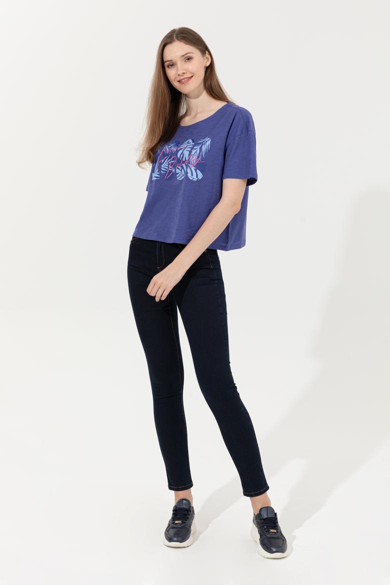 Kadın Mavi Bisiklet Yaka Crop Tişört - 50249011012