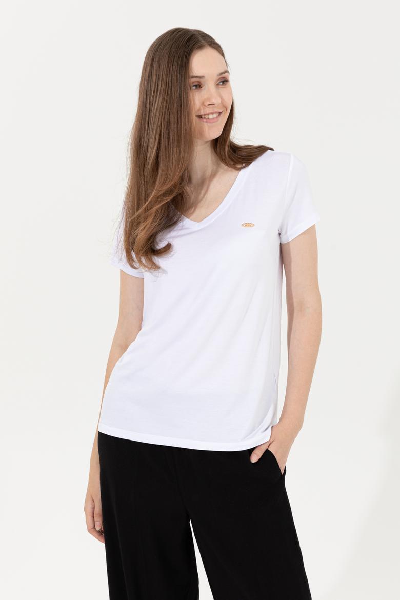 Kadın Beyaz V Yaka Basic Tişört - 50246033024