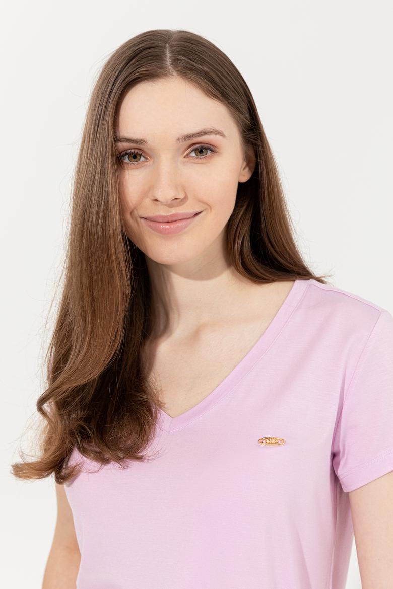 Kadın Manolya V Yaka Basic Tişört - 50246033049