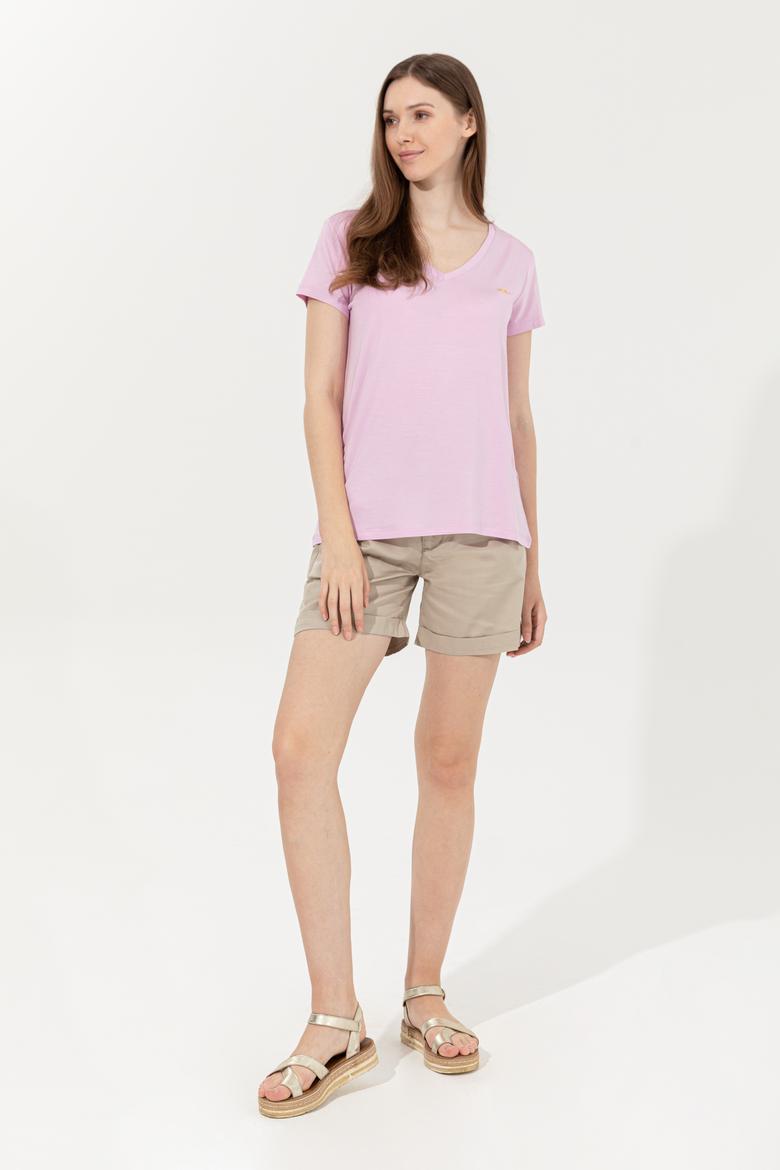 Kadın Manolya V Yaka Basic Tişört - 50246033049