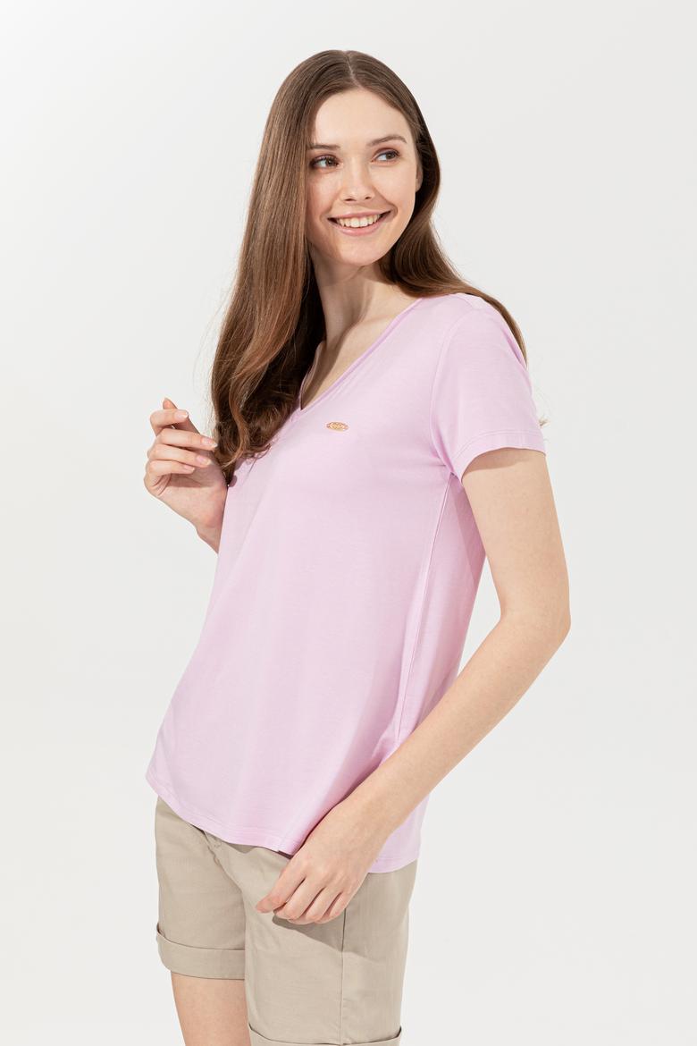 Kadın Manolya V Yaka Basic Tişört - 50246033049