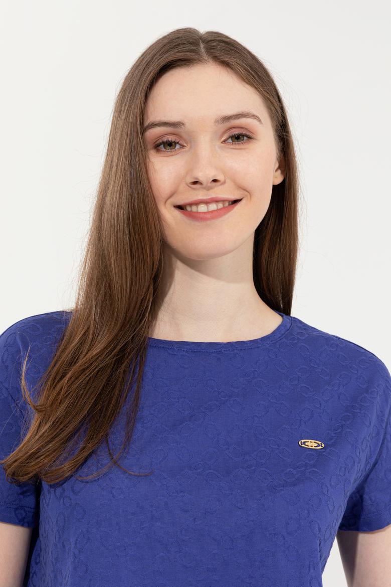 Kadın Mavi Bisiklet Yaka Tişört - 50249039023