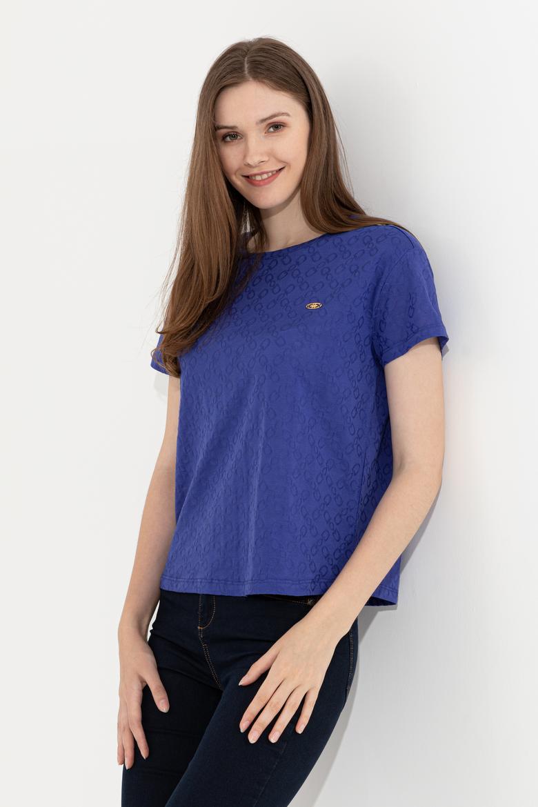 Kadın Mavi Bisiklet Yaka Tişört - 50249039023