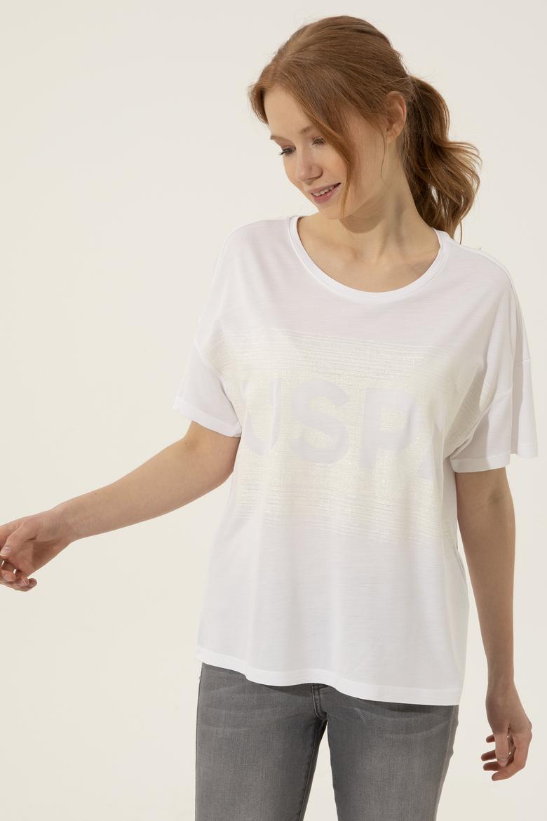 Kadın Beyaz Bisiklet Yaka Tişört