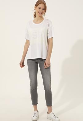 Kadın Beyaz Bisiklet Yaka Tişört - 50249033031