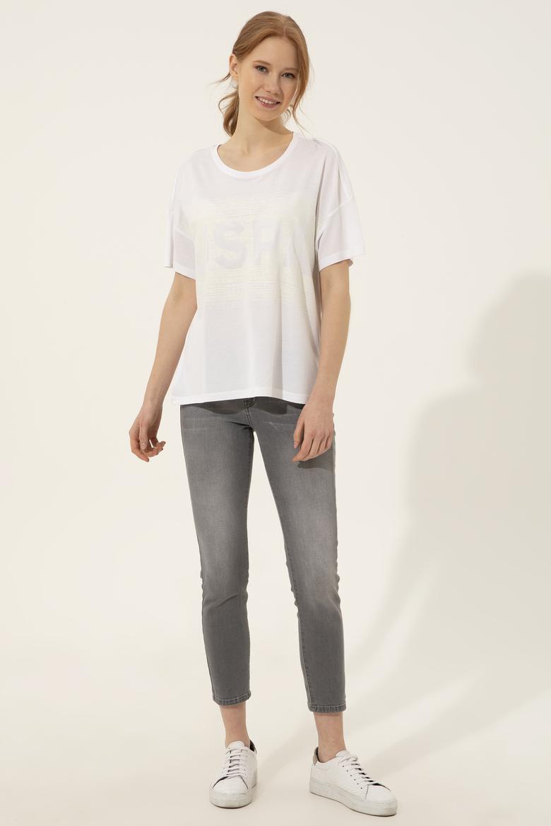 Kadın Beyaz Bisiklet Yaka Tişört - 50249033031