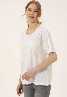 Kadın Beyaz Bisiklet Yaka Tişört - 50249033031