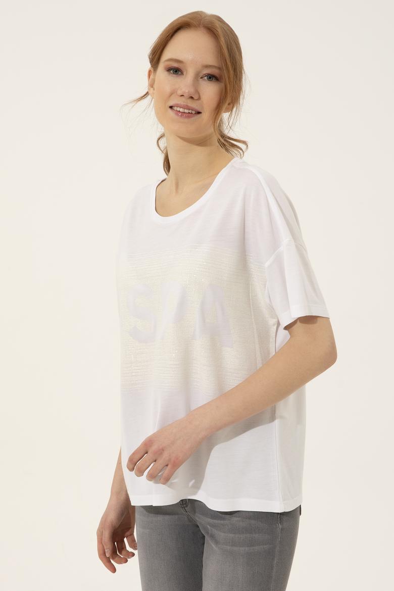 Kadın Beyaz Bisiklet Yaka Tişört - 50249033031