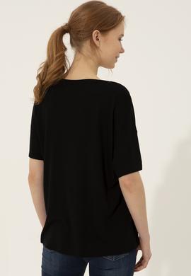 Kadın Siyah Bisiklet Yaka Tişört - 50249033054