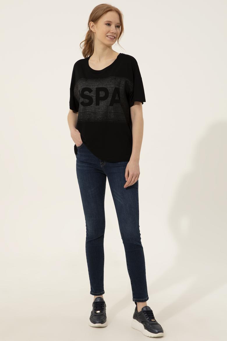 Kadın Siyah Bisiklet Yaka Tişört - 50249033054