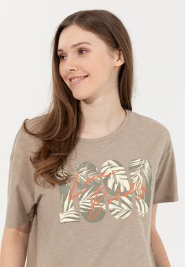 Kadın Haki Bisiklet Yaka Crop Tişört - 50249011004