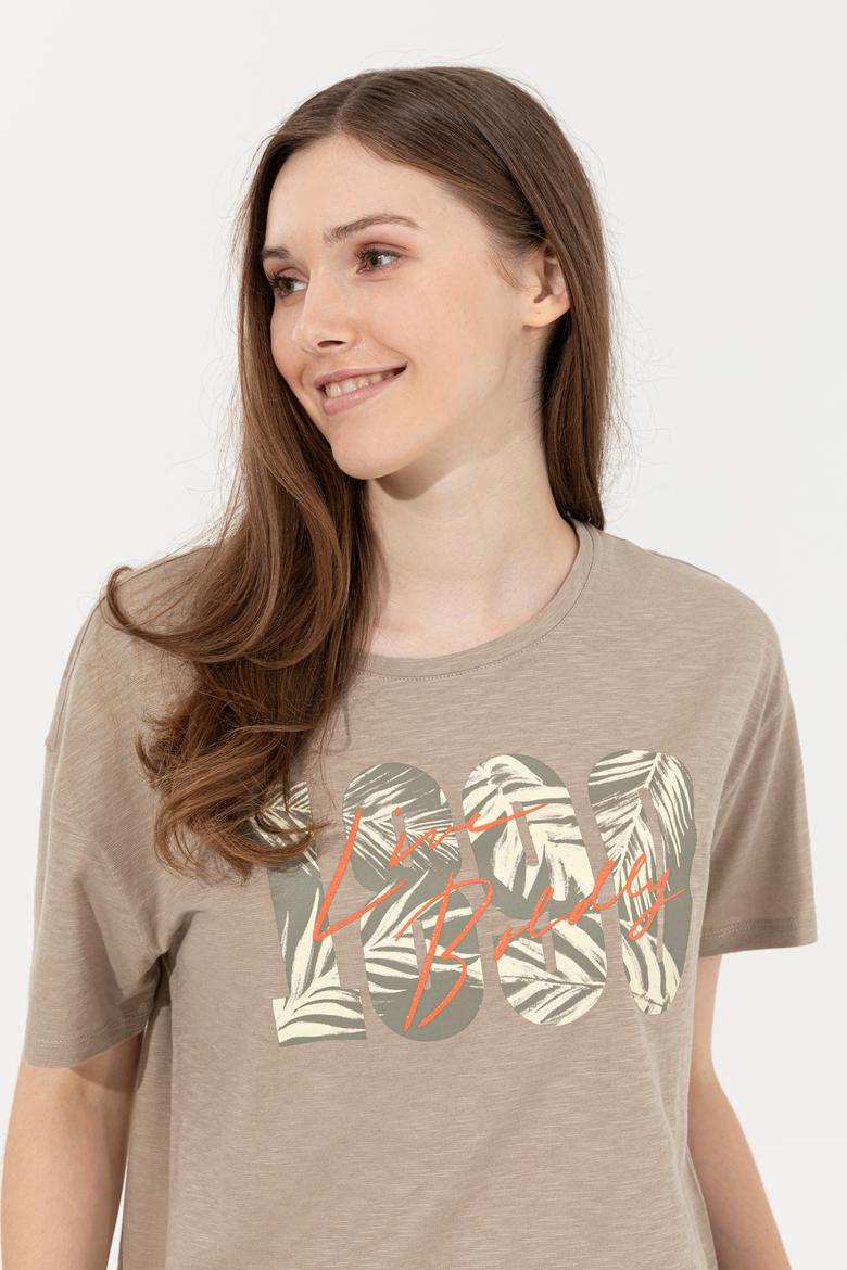 Kadın Haki Bisiklet Yaka Crop Tişört