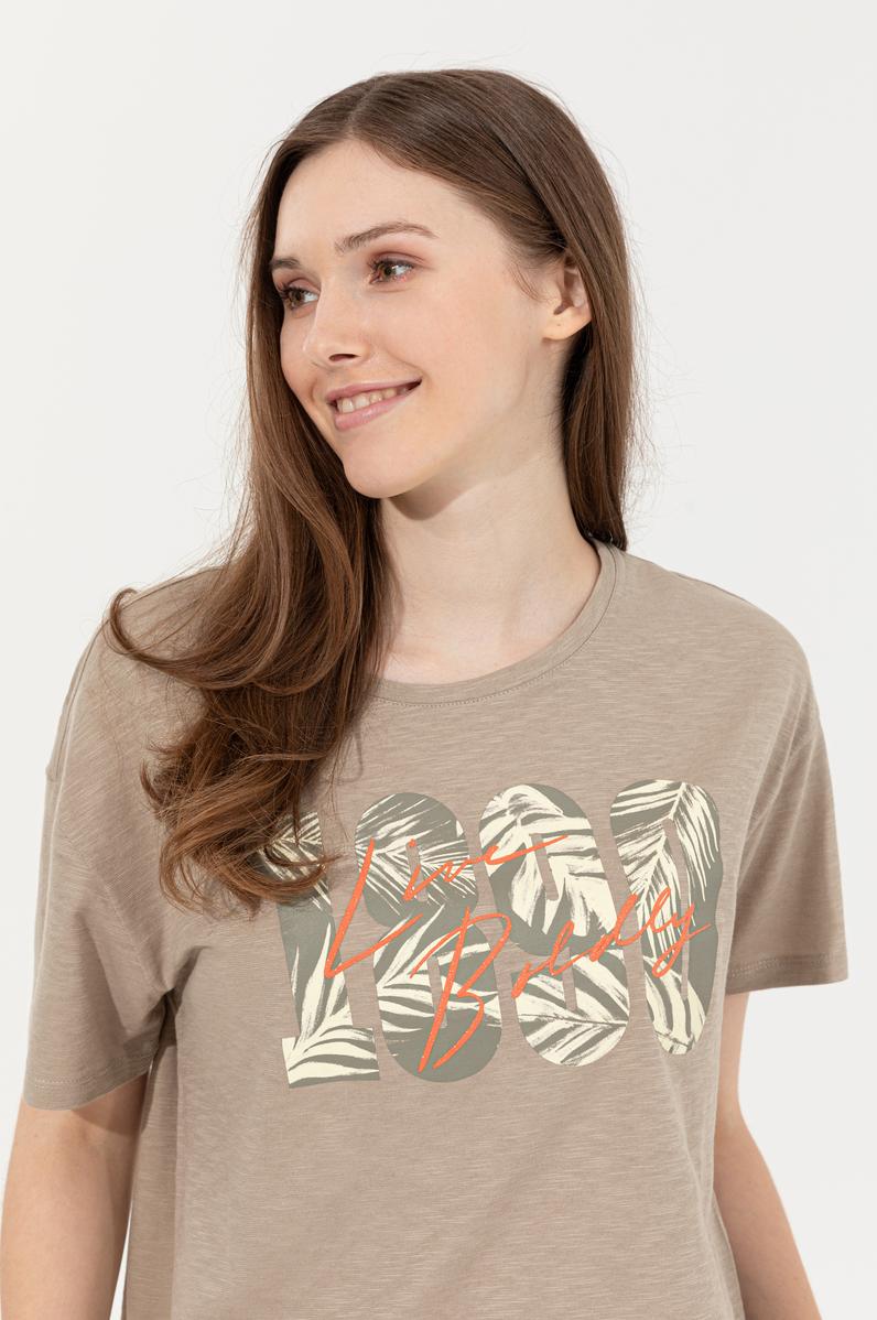 Kadın Haki Bisiklet Yaka Crop Tişört