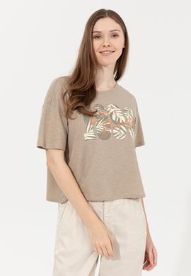 Kadın Haki Bisiklet Yaka Crop Tişört - 50249011004