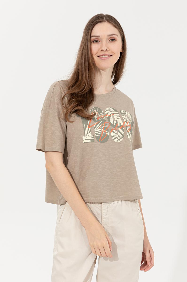 Kadın Haki Bisiklet Yaka Crop Tişört