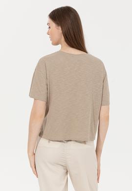 Kadın Haki Bisiklet Yaka Crop Tişört - 50249011004