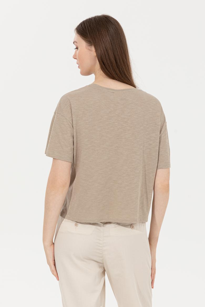 Kadın Haki Bisiklet Yaka Crop Tişört - 50249011004