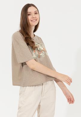 Kadın Haki Bisiklet Yaka Crop Tişört - 50249011004