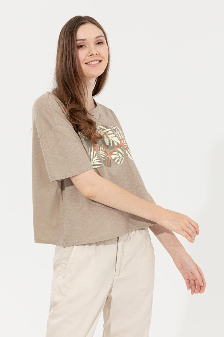 Kadın Haki Bisiklet Yaka Crop Tişört - 50249011004