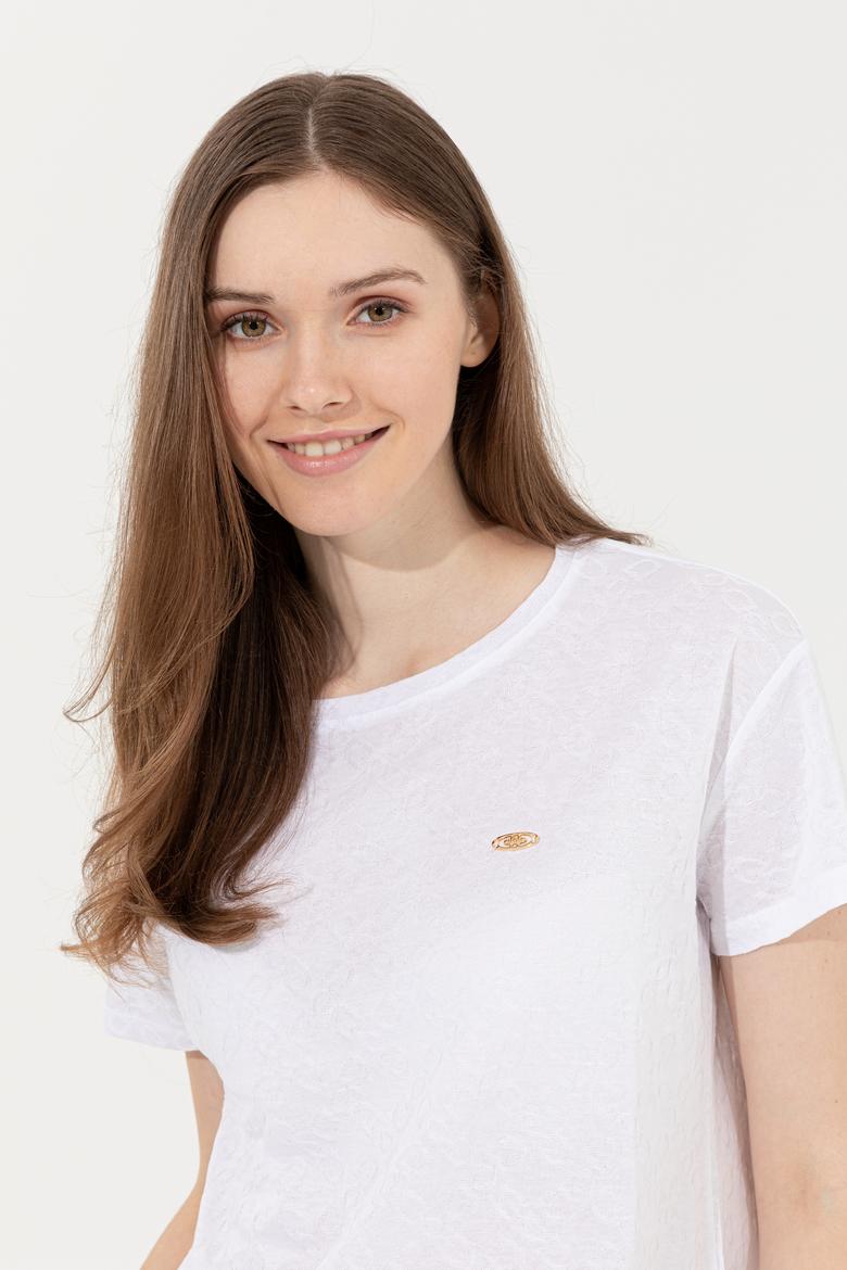 Kadın Beyaz Bisiklet Yaka Tişört - 50249039005